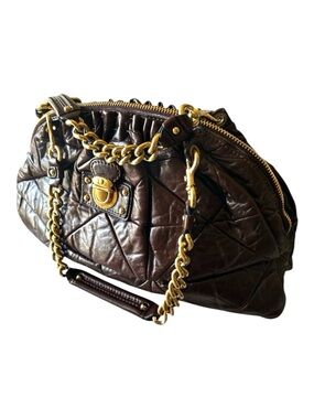 MARC JACOBS Cabra Quilted Dark Brown Leather Shoulder Bag Gold Hardware ITALY